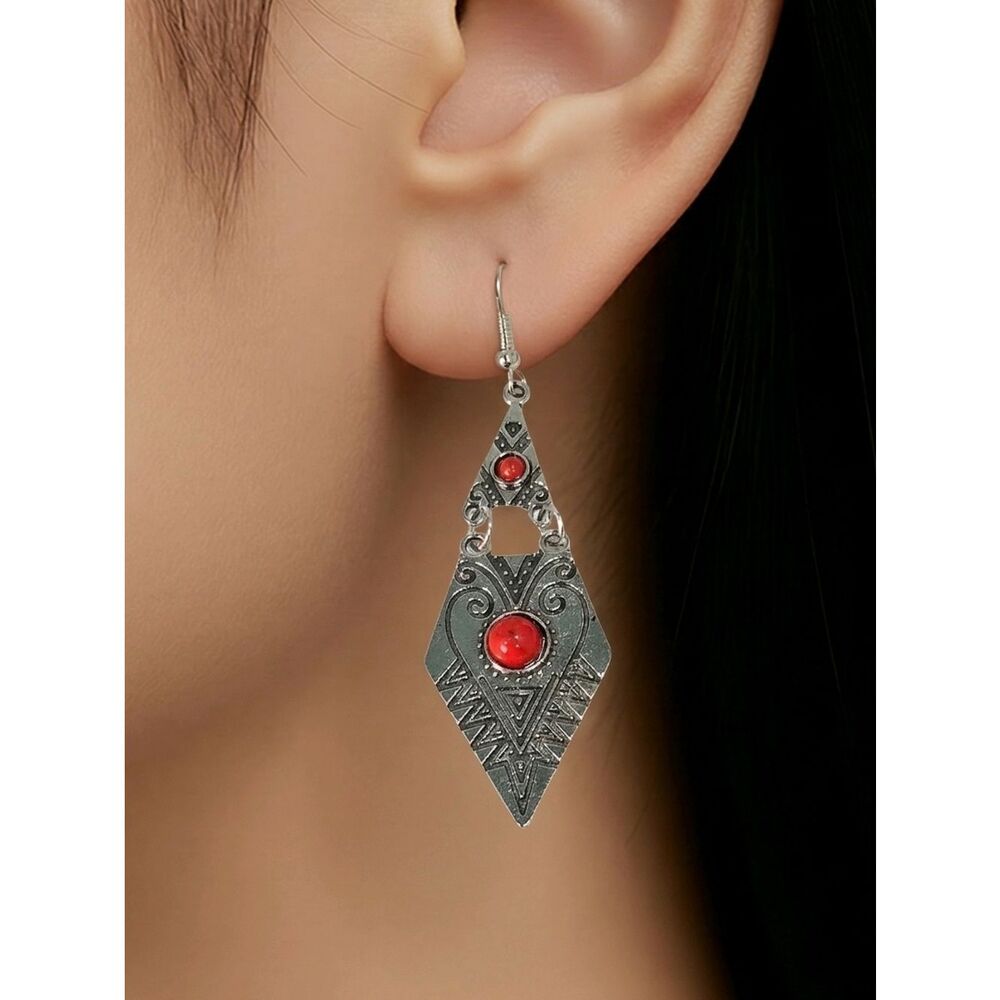 Red Coral Dangle Earrings Western Boho Tribal Silver Statement Drop Festival